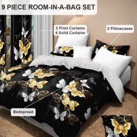 9 Piece Soft All-Season Washed Microfiber Cover Set , Twin/Queen/King/Calking Bedding Set With Pillowcases,Bedspread Print Curtains & Solid Curta (Color: black/gold butterfly, size: CAL KING)